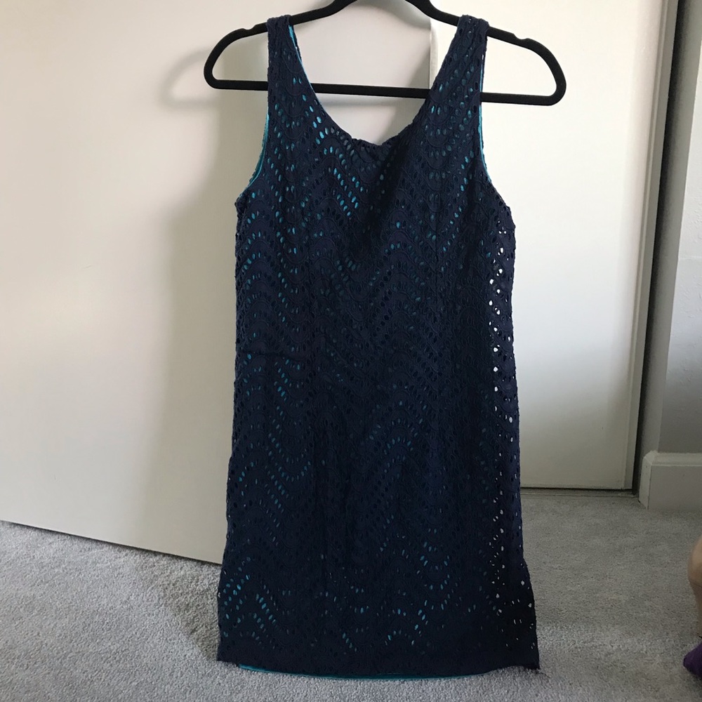Navy & Turquoise Eyelet Sleeveless Dress
